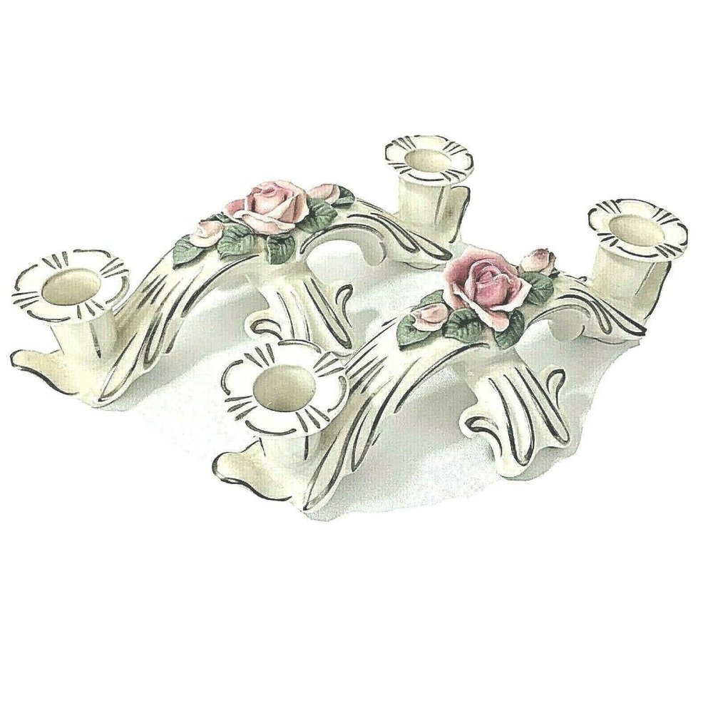 Set of 2 DRESDEN Candle Holders Double Arm Pink